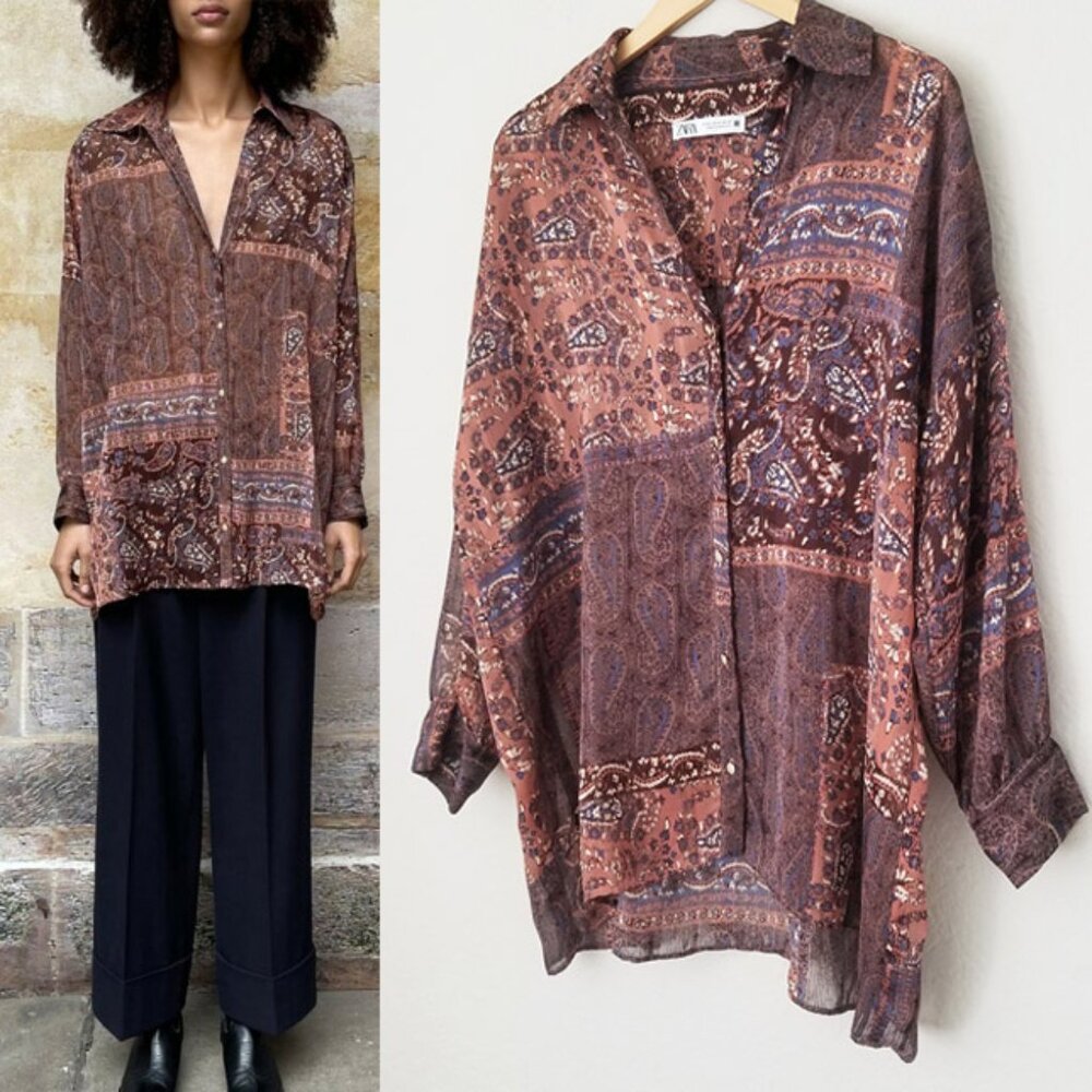 Zara Patchwork Shirt Blouse Top M Oversized Paisley Boho Brown Semi Sheer Collar